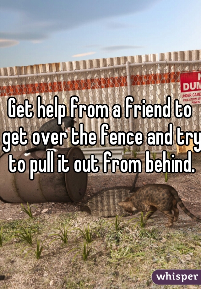 Get help from a friend to get over the fence and try to pull it out from behind.