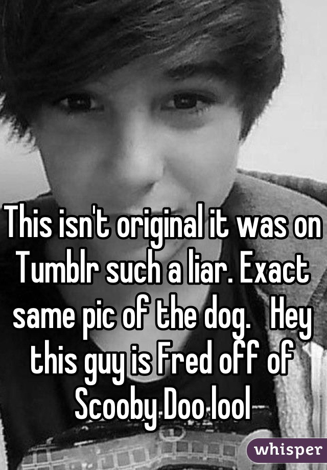 This isn't original it was on Tumblr such a liar. Exact same pic of the dog.   Hey this guy is Fred off of Scooby Doo lool