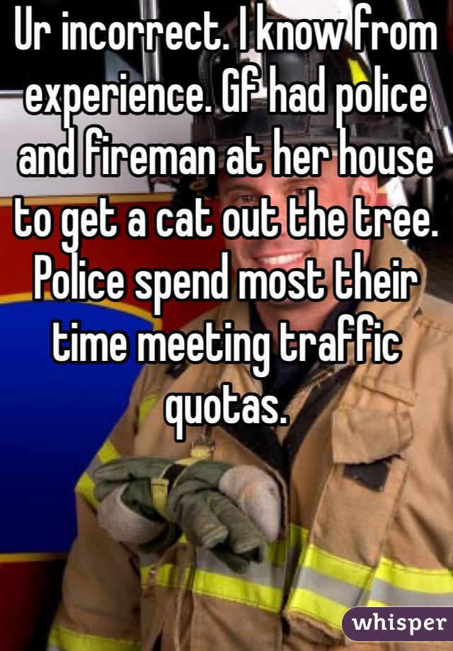 Ur incorrect. I know from experience. Gf had police and fireman at her house to get a cat out the tree. Police spend most their time meeting traffic quotas. 