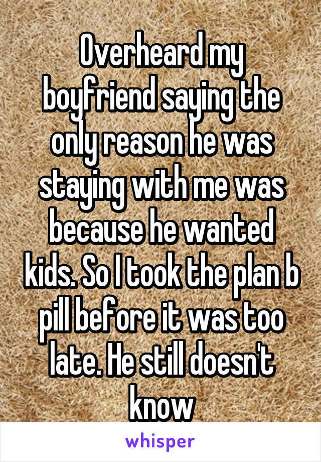 Overheard my boyfriend saying the only reason he was staying with me was because he wanted kids. So I took the plan b pill before it was too late. He still doesn't know