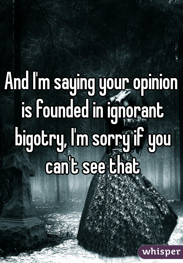 And I'm saying your opinion is founded in ignorant bigotry, I'm sorry if you can't see that