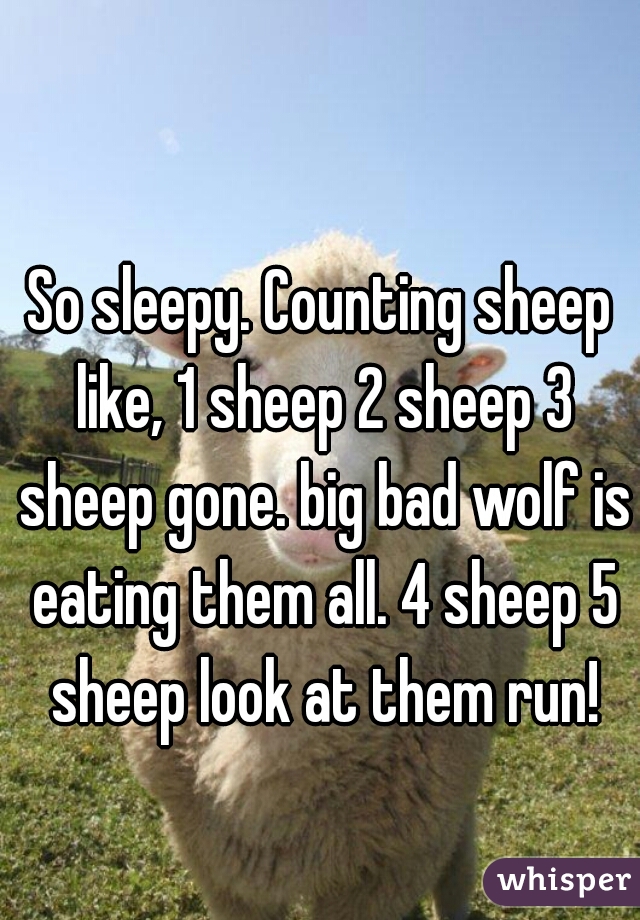 So sleepy. Counting sheep like, 1 sheep 2 sheep 3 sheep gone. big bad wolf is eating them all. 4 sheep 5 sheep look at them run!