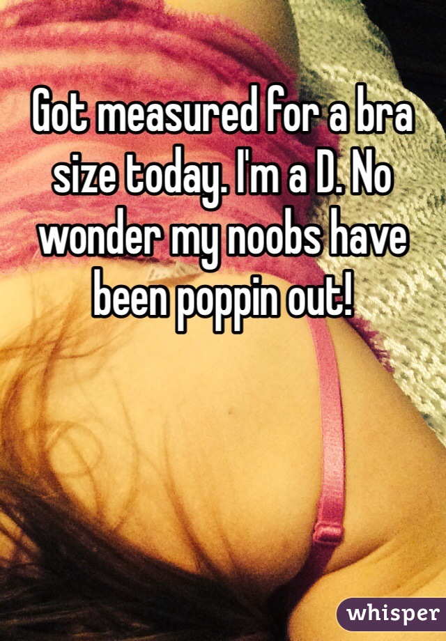 Got measured for a bra size today. I'm a D. No wonder my noobs have been poppin out!