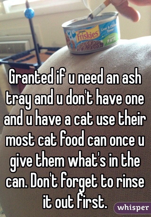Granted if u need an ash tray and u don't have one and u have a cat use their most cat food can once u give them what's in the can. Don't forget to rinse it out first.  