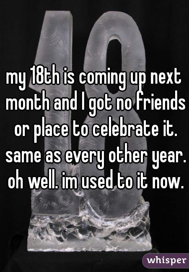 my 18th is coming up next month and I got no friends or place to celebrate it. same as every other year. oh well. im used to it now.