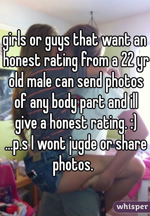 girls or guys that want an honest rating from a 22 yr old male can send photos of any body part and ill give a honest rating. :) ...p.s I wont jugde or share photos.  