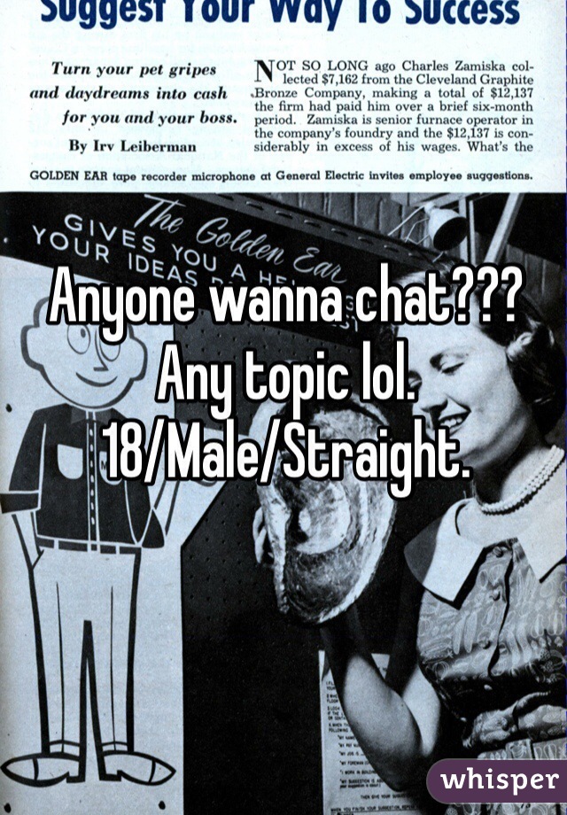 Anyone wanna chat???
Any topic lol.
18/Male/Straight.