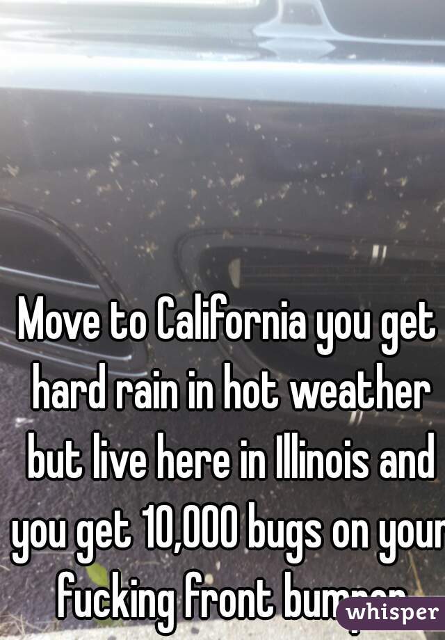 Move to California you get hard rain in hot weather but live here in Illinois and you get 10,000 bugs on your fucking front bumper