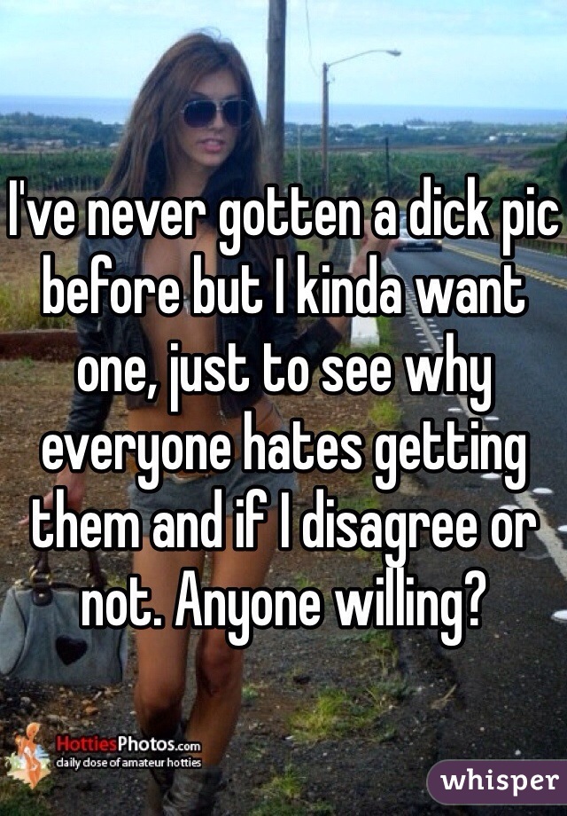 I've never gotten a dick pic before but I kinda want one, just to see why everyone hates getting them and if I disagree or not. Anyone willing? 