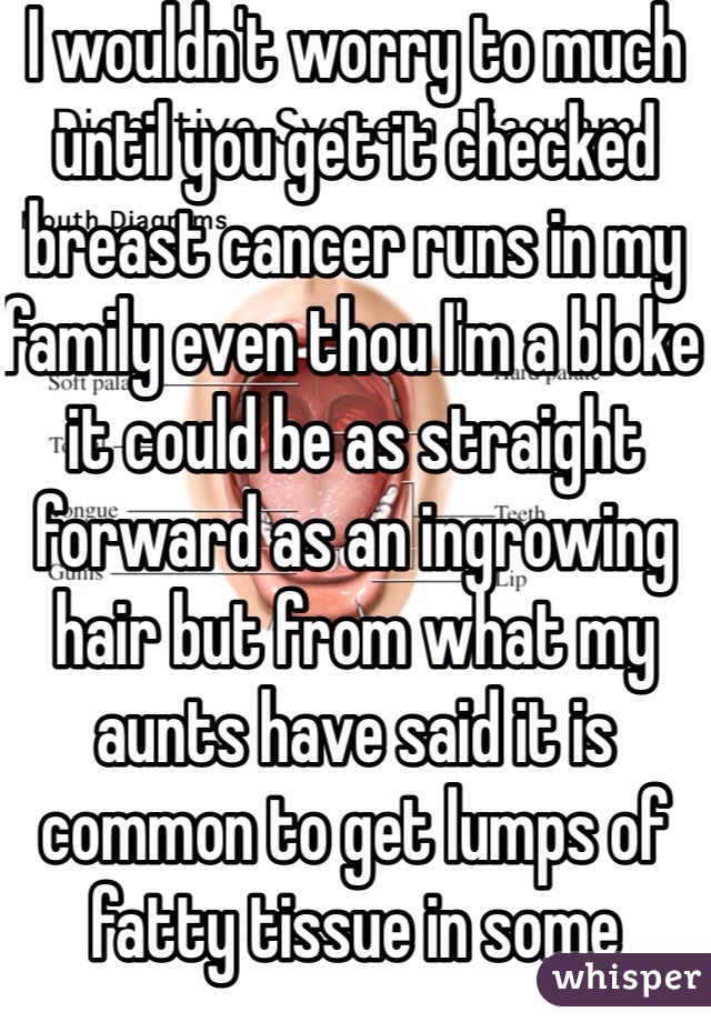 I wouldn't worry to much until you get it checked  breast cancer runs in my family even thou I'm a bloke it could be as straight forward as an ingrowing hair but from what my aunts have said it is common to get lumps of fatty tissue in some woman but there are glands there too don't ignore it and get it checked ASAP x