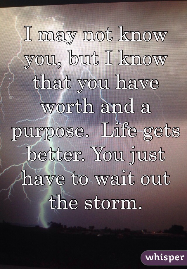 I may not know you, but I know that you have worth and a purpose.  Life gets better. You just have to wait out the storm.