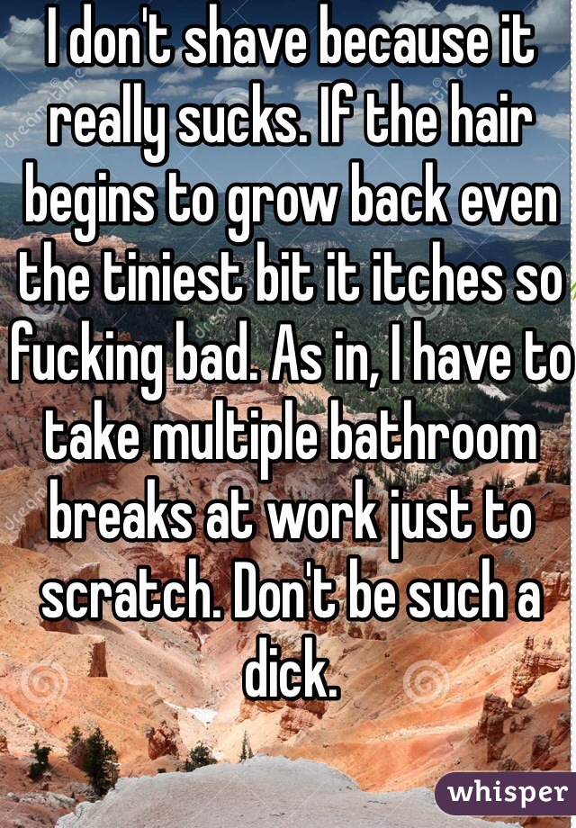 I don't shave because it really sucks. If the hair begins to grow back even the tiniest bit it itches so fucking bad. As in, I have to take multiple bathroom breaks at work just to scratch. Don't be such a dick. 