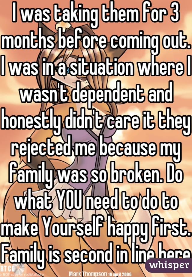 I was taking them for 3 months before coming out. I was in a situation where I wasn't dependent and honestly didn't care it they rejected me because my family was so broken. Do what YOU need to do to make Yourself happy first. Family is second in line here.