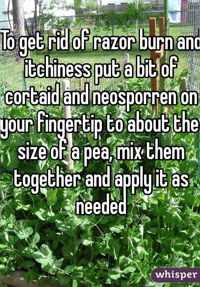To get rid of razor burn and itchiness put a bit of cortaid and neosporren on your fingertip to about the size of a pea, mix them together and apply it as needed