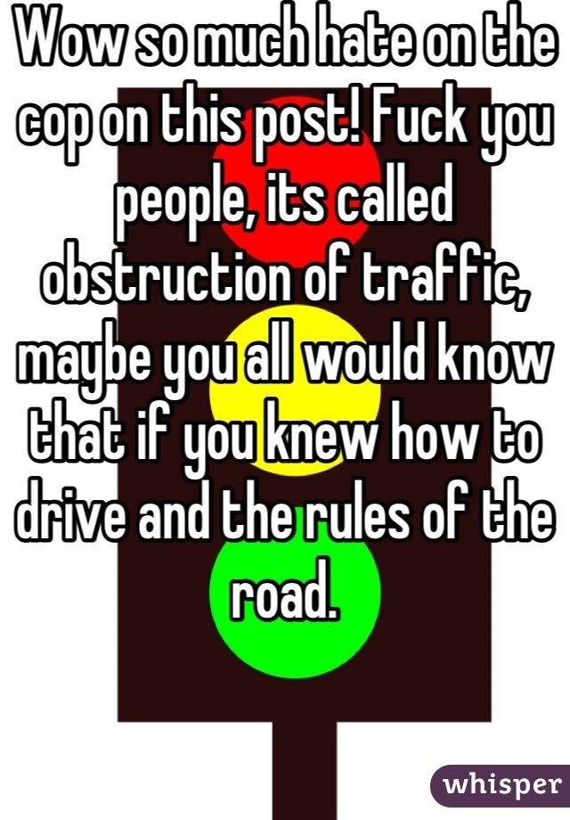Wow so much hate on the cop on this post! Fuck you people, its called obstruction of traffic, maybe you all would know that if you knew how to drive and the rules of the road.