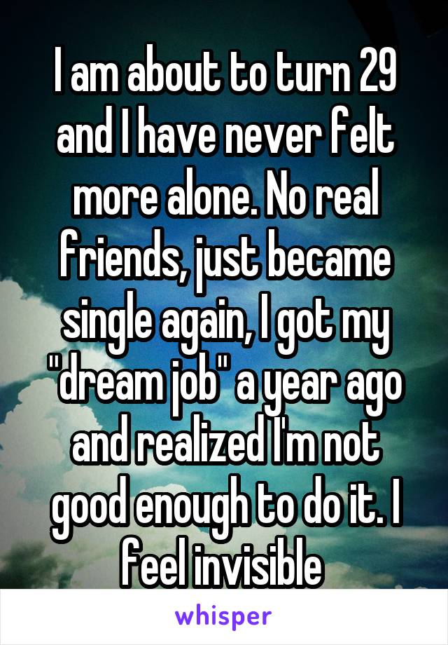I am about to turn 29 and I have never felt more alone. No real friends, just became single again, I got my "dream job" a year ago and realized I'm not good enough to do it. I feel invisible 