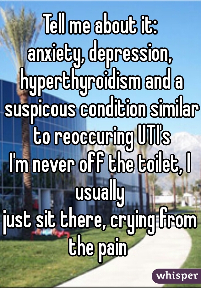 Tell me about it:
anxiety, depression, hyperthyroidism and a suspicous condition similar to reoccuring UTI's


I'm never off the toilet, I usually 
just sit there, crying from the pain  