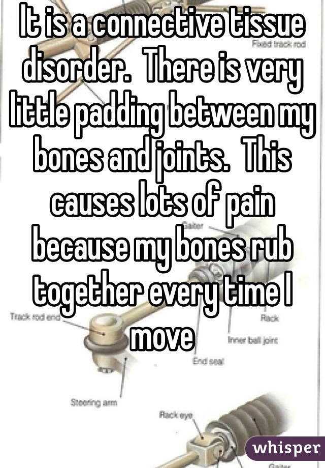 It is a connective tissue disorder.  There is very little padding between my bones and joints.  This causes lots of pain because my bones rub together every time I move