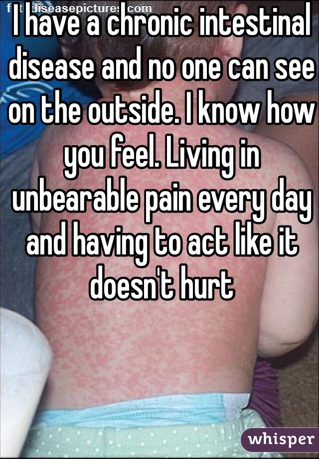 I have a chronic intestinal disease and no one can see on the outside. I know how you feel. Living in unbearable pain every day and having to act like it doesn't hurt