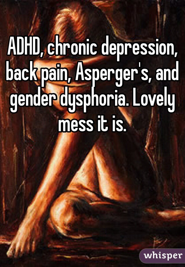 ADHD, chronic depression, back pain, Asperger's, and gender dysphoria. Lovely mess it is.