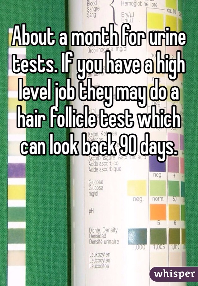 About a month for urine tests. If you have a high level job they may do a hair follicle test which can look back 90 days.