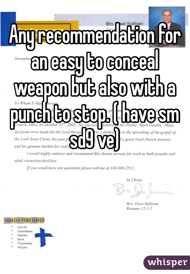 Any recommendation for an easy to conceal weapon but also with a punch to stop. ( have sm sd9 ve)