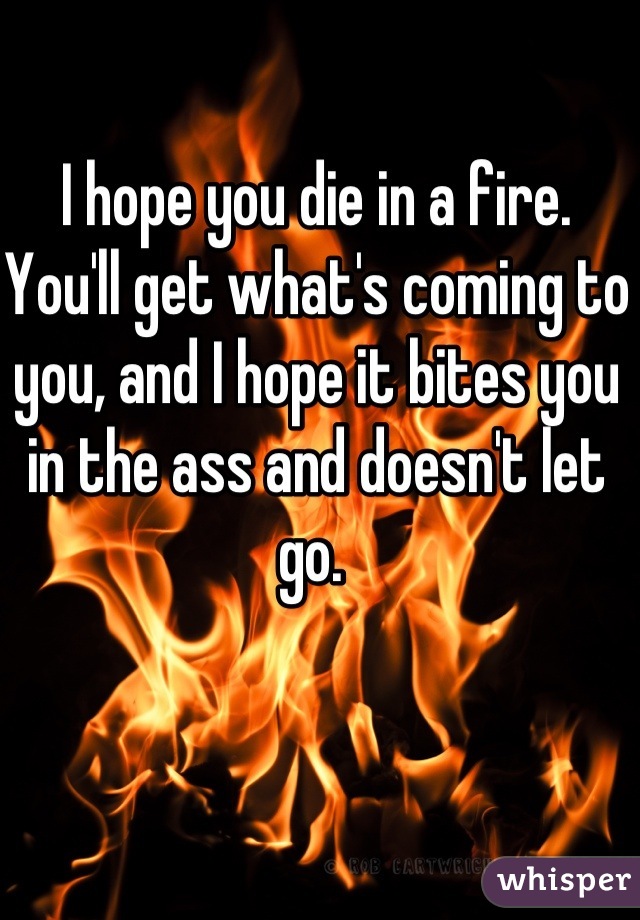 I hope you die in a fire. You'll get what's coming to you, and I hope it bites you in the ass and doesn't let go. 