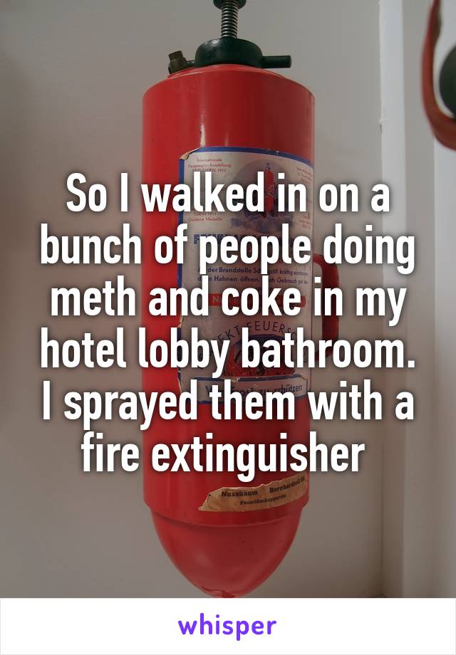 So I walked in on a bunch of people doing meth and coke in my hotel lobby bathroom. I sprayed them with a fire extinguisher 