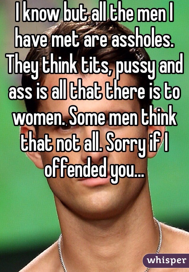 I know but all the men I have met are assholes. They think tits, pussy and ass is all that there is to women. Some men think that not all. Sorry if I offended you...