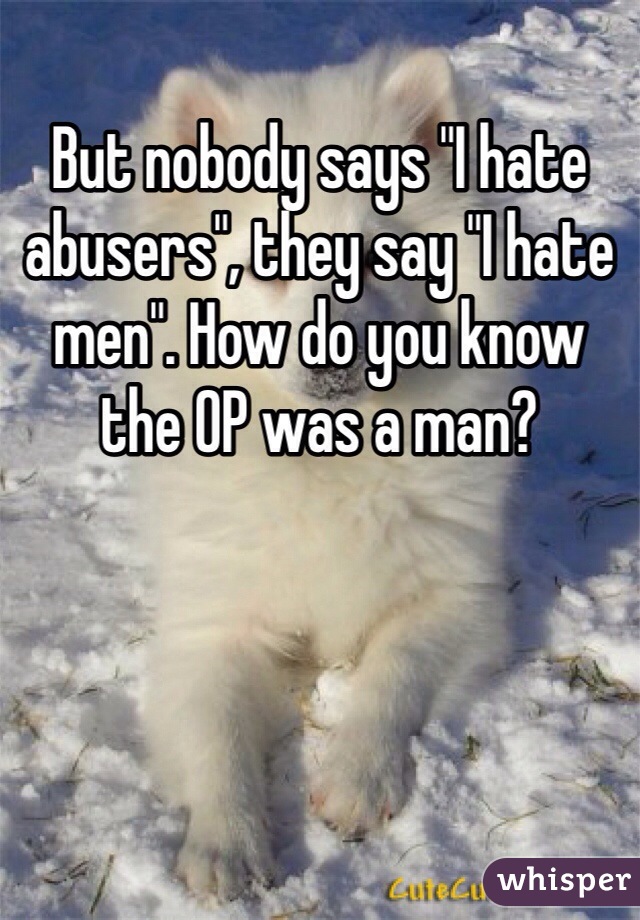 But nobody says "I hate abusers", they say "I hate men". How do you know the OP was a man? 