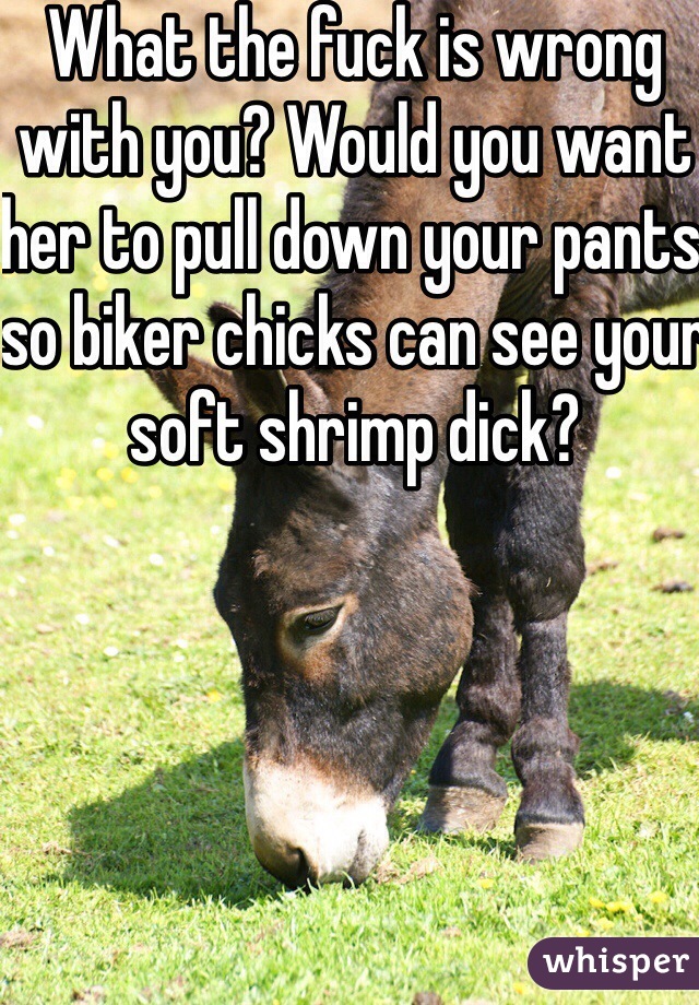 What the fuck is wrong with you? Would you want her to pull down your pants so biker chicks can see your soft shrimp dick?