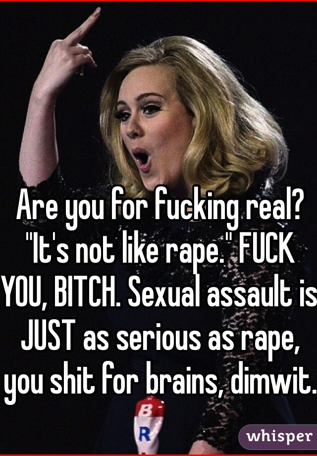 Are you for fucking real? "It's not like rape." FUCK YOU, BITCH. Sexual assault is JUST as serious as rape, you shit for brains, dimwit. 