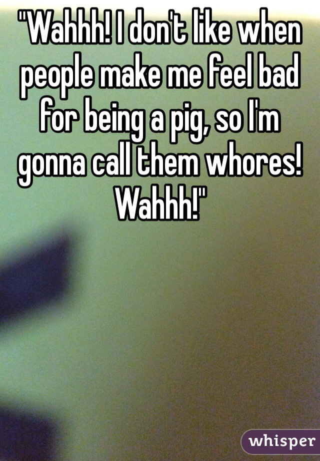 "Wahhh! I don't like when people make me feel bad for being a pig, so I'm gonna call them whores! Wahhh!" 