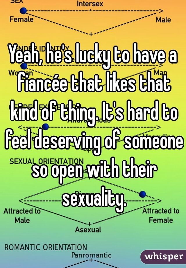 Yeah, he's lucky to have a fiancée that likes that kind of thing. It's hard to feel deserving of someone so open with their sexuality.