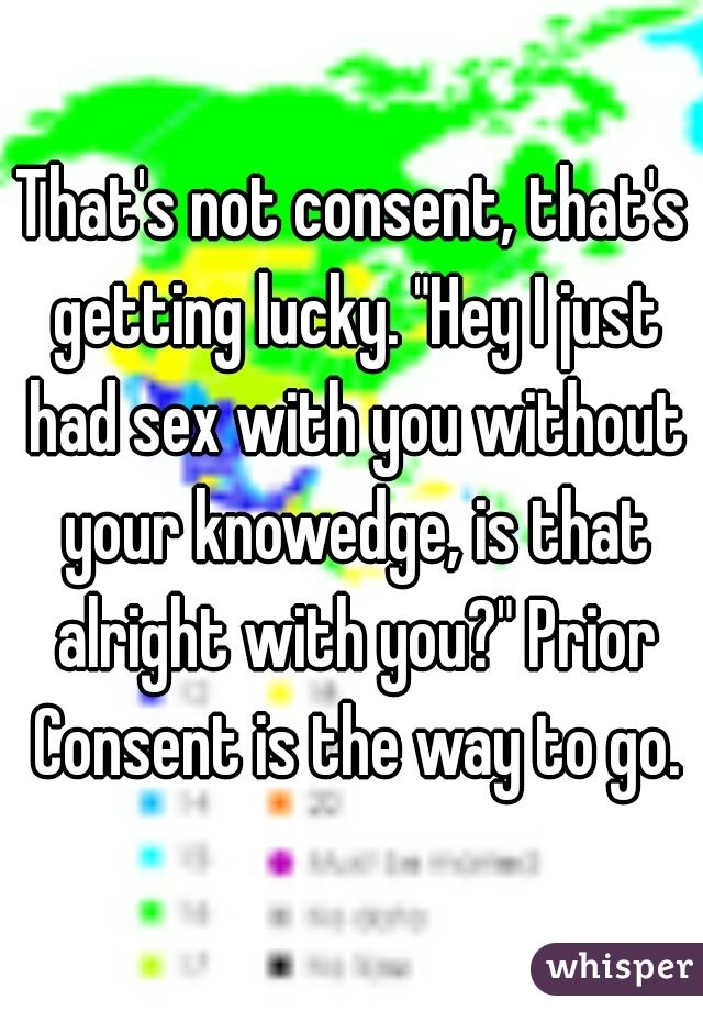 That's not consent, that's getting lucky. "Hey I just had sex with you without your knowedge, is that alright with you?" Prior Consent is the way to go.