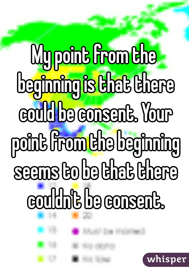 My point from the beginning is that there could be consent. Your point from the beginning seems to be that there couldn't be consent.