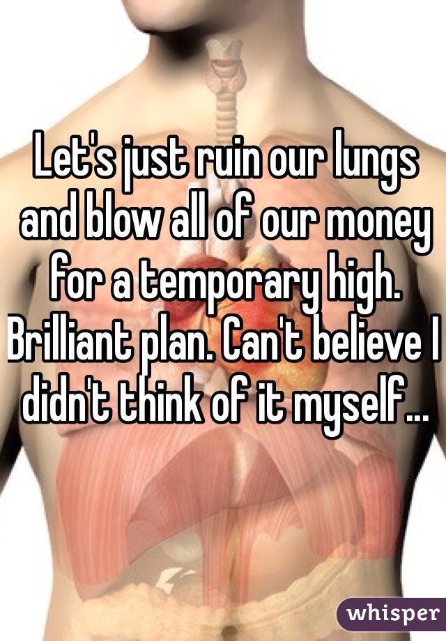 Let's just ruin our lungs and blow all of our money for a temporary high. Brilliant plan. Can't believe I didn't think of it myself...