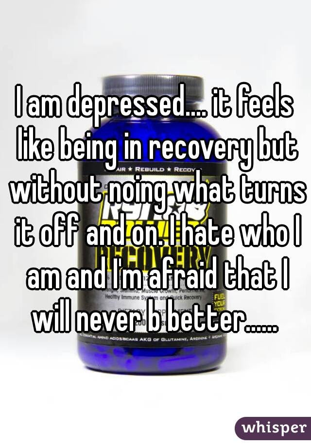 I am depressed.... it feels like being in recovery but without noing what turns it off and on. I hate who I am and I'm afraid that I will never b better...... 