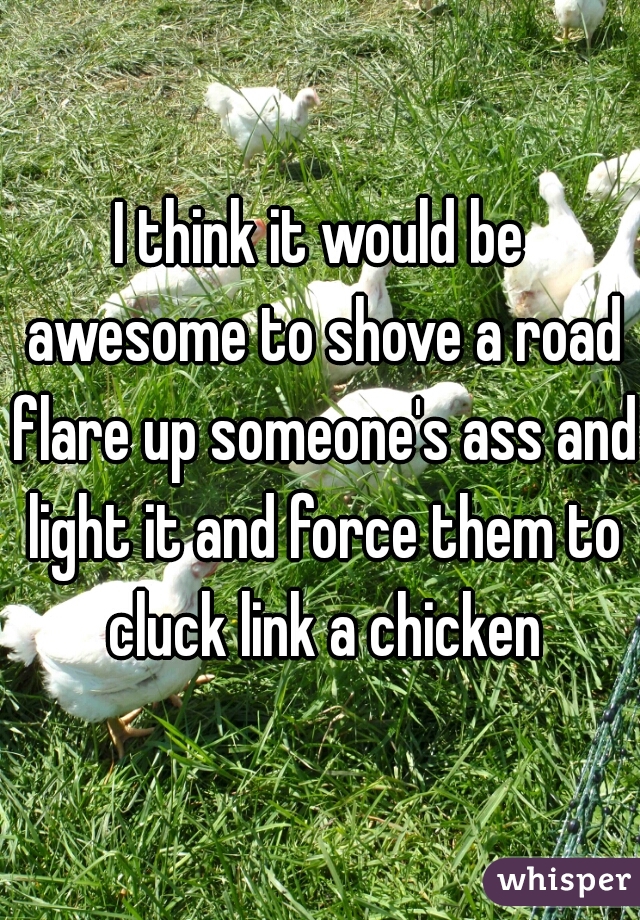 I think it would be awesome to shove a road flare up someone's ass and light it and force them to cluck link a chicken