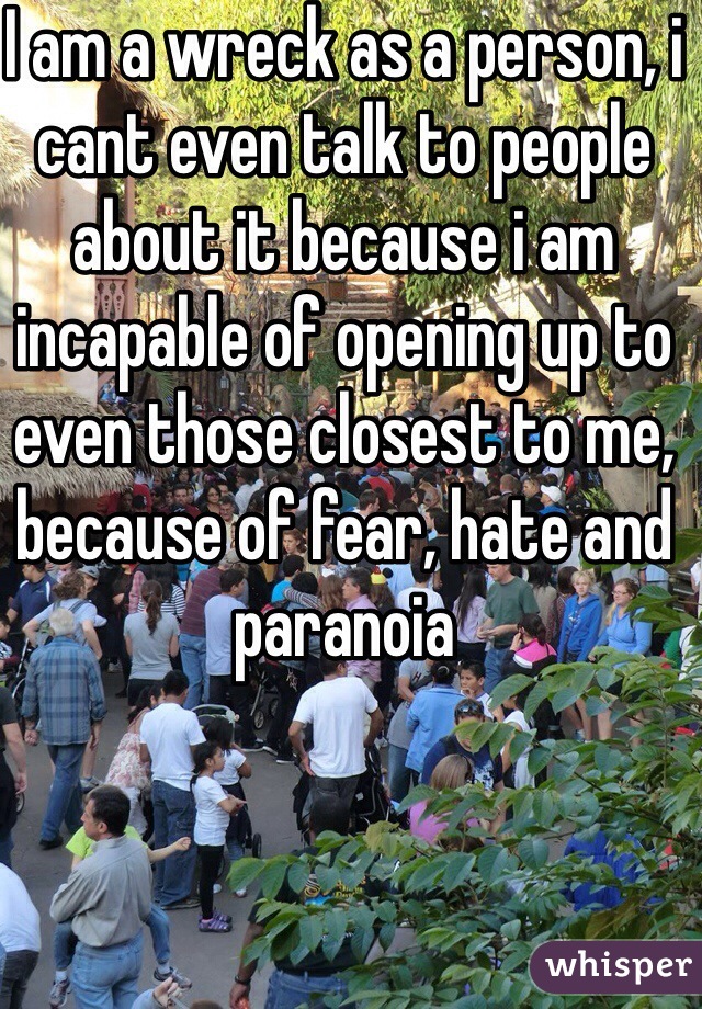 I am a wreck as a person, i cant even talk to people about it because i am incapable of opening up to even those closest to me, because of fear, hate and paranoia