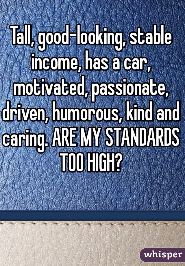 Tall, good-looking, stable income, has a car, motivated, passionate, driven, humorous, kind and caring. ARE MY STANDARDS TOO HIGH?