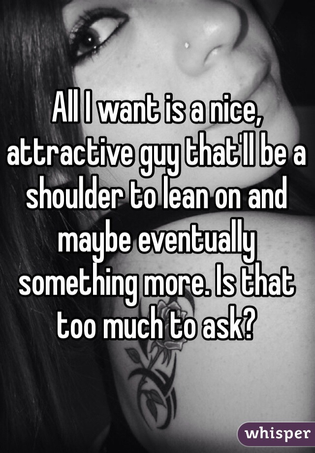 All I want is a nice, attractive guy that'll be a shoulder to lean on and maybe eventually something more. Is that too much to ask? 