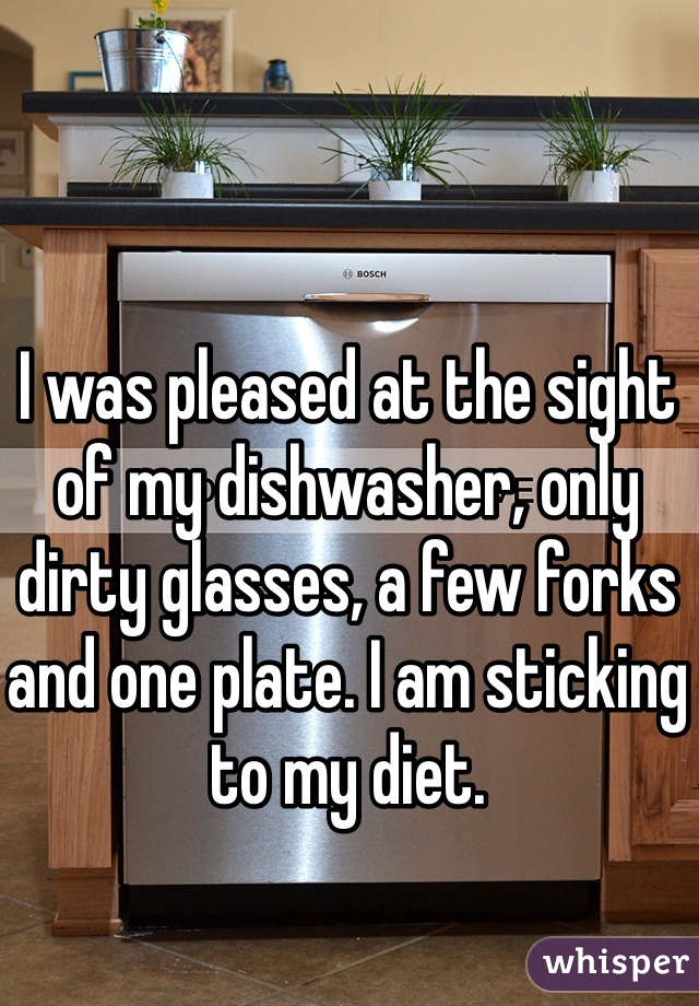 I was pleased at the sight of my dishwasher, only dirty glasses, a few forks and one plate. I am sticking to my diet.
