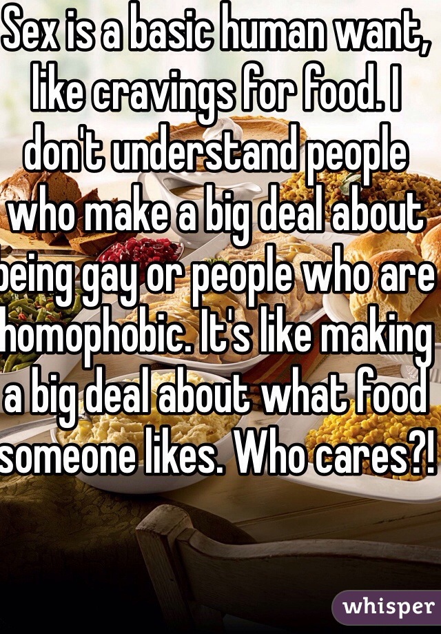 Sex is a basic human want, like cravings for food. I don't understand people who make a big deal about being gay or people who are homophobic. It's like making a big deal about what food someone likes. Who cares?!