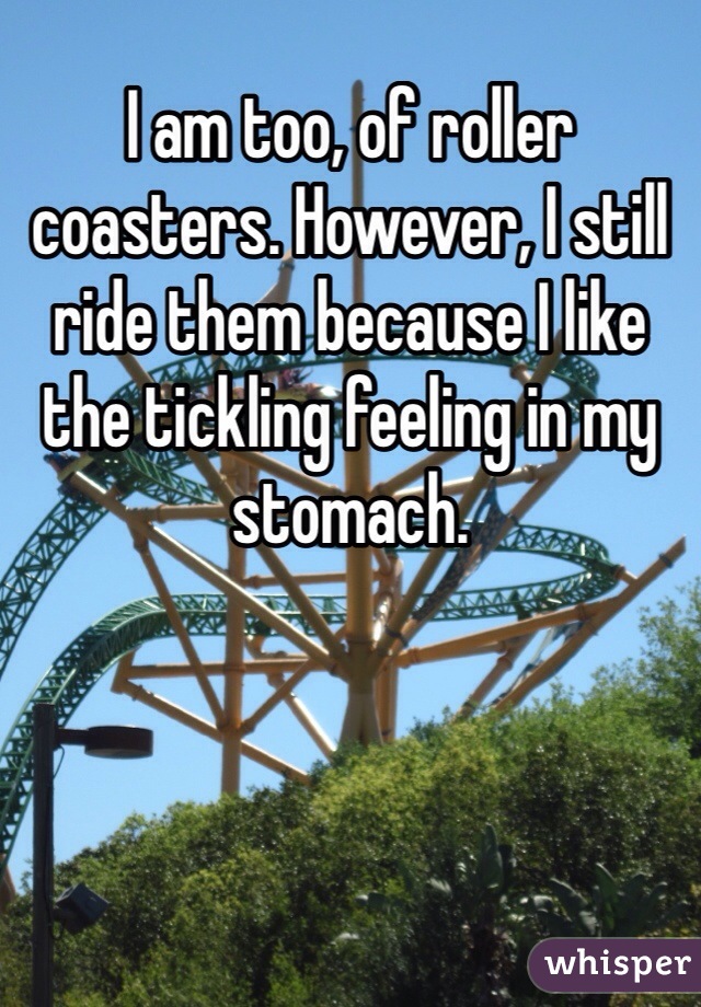 I am too, of roller coasters. However, I still ride them because I like the tickling feeling in my stomach.