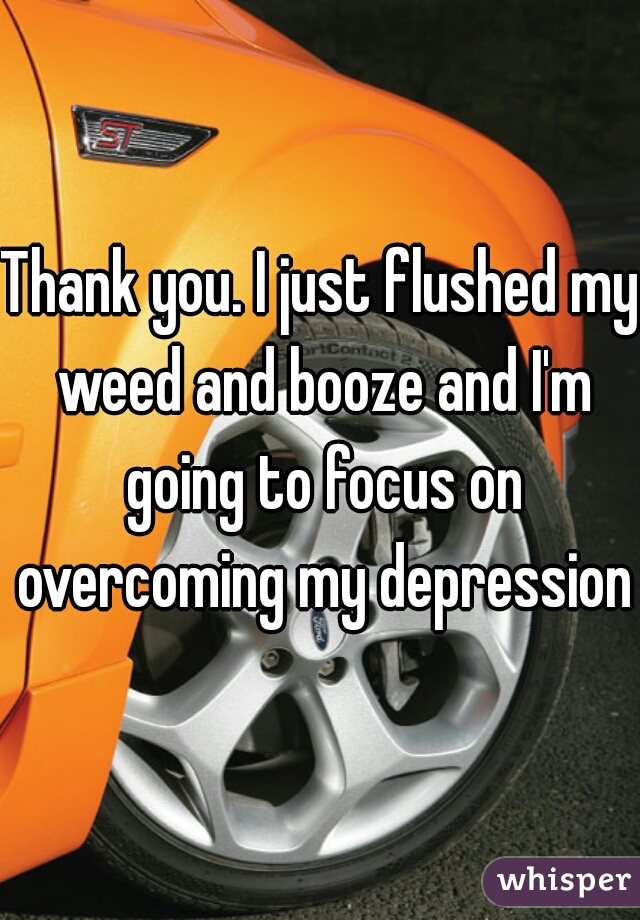 Thank you. I just flushed my weed and booze and I'm going to focus on overcoming my depression