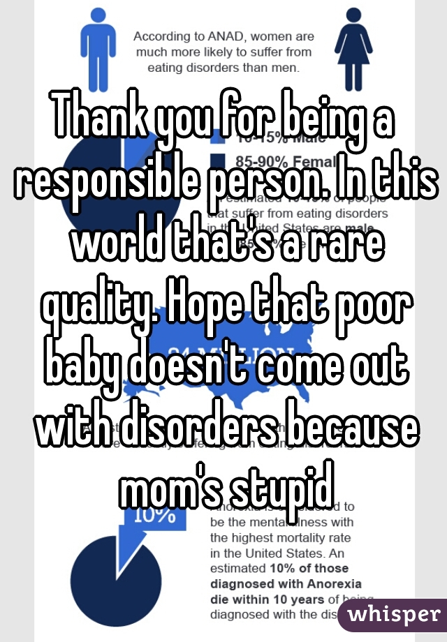 Thank you for being a responsible person. In this world that's a rare quality. Hope that poor baby doesn't come out with disorders because mom's stupid