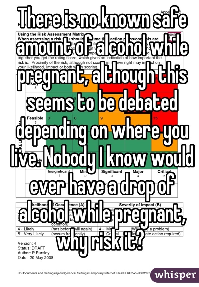 There is no known safe amount of alcohol while pregnant, although this seems to be debated depending on where you live. Nobody I know would ever have a drop of alcohol while pregnant, why risk it? 