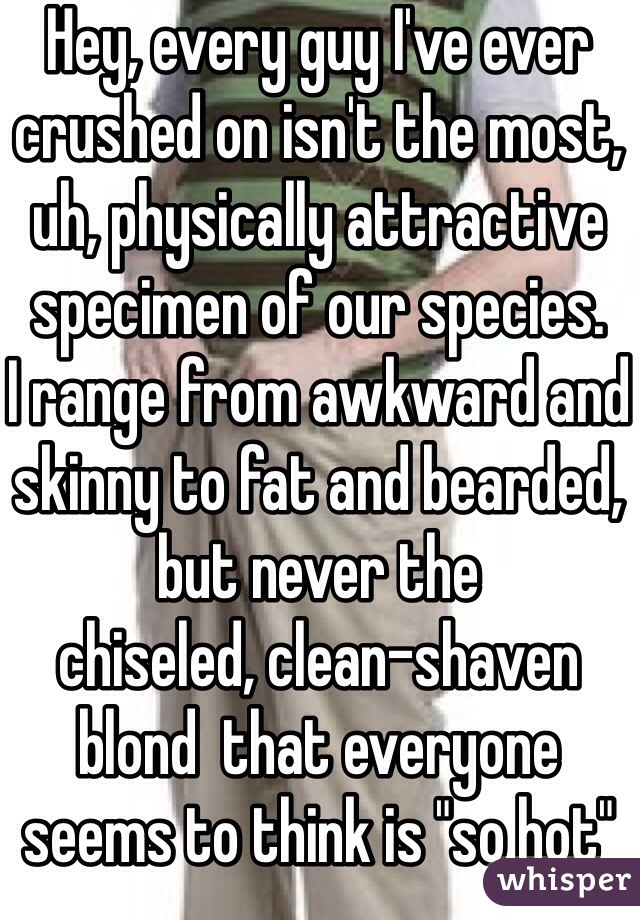 Hey, every guy I've ever crushed on isn't the most, uh, physically attractive specimen of our species.
I range from awkward and skinny to fat and bearded, but never the
chiseled, clean-shaven blond  that everyone seems to think is "so hot"
