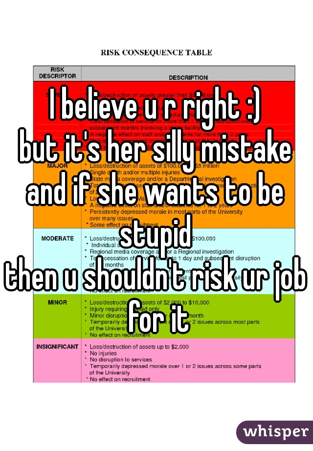 I believe u r right :)
but it's her silly mistake
and if she wants to be stupid 
then u shouldn't risk ur job for it